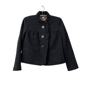 J Crew Womens Charcoal Gray  Wool Ruffle Trim Cropped Blazer Jacket Size 0